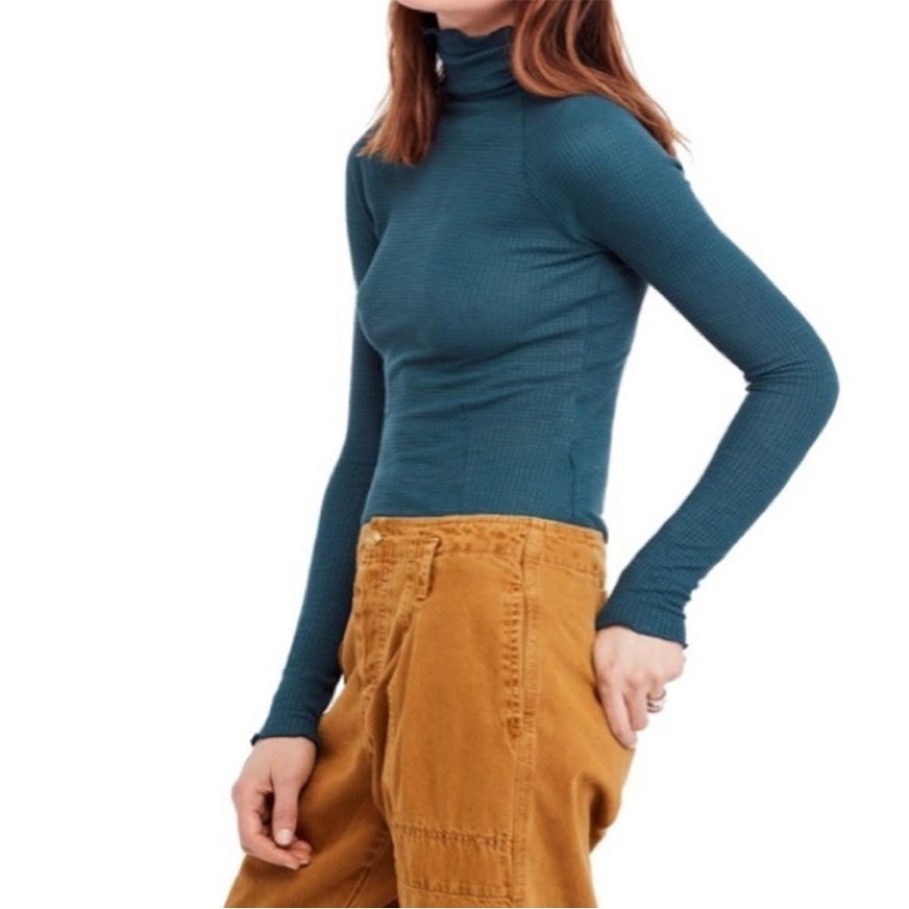 Intimately Free People Make It Easy Waffle Knit Lettuce Hem Thermal Top in Teal - Picture 2 of 8